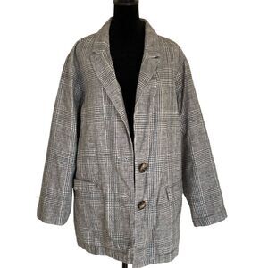 J. Jill Gallery Plaid Grey Blue White Linen‎ Cotton Blend Button Blazer Size XL
